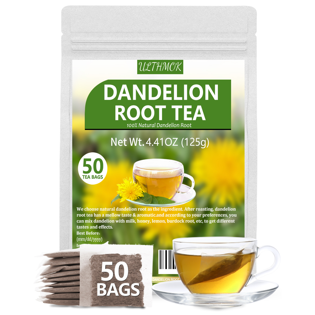 Premium Dandelion Root Tea,50 Tea Bags 4.4Oz/125g, for Liver & Kidney Health, Roasted Detox Herbal Tea. Support Digestion & Boost Immune System, Caffeine Free.