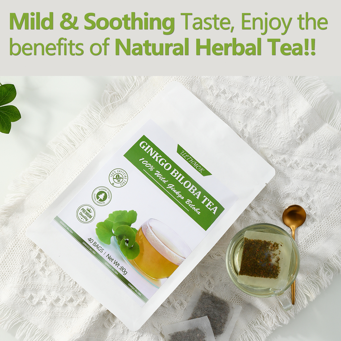 Premium 40 Ginkgo Biloba Tea Bags, Made with 100% Natural Ginkgo Biloba Leaves, No Additives & Caffeine Free.