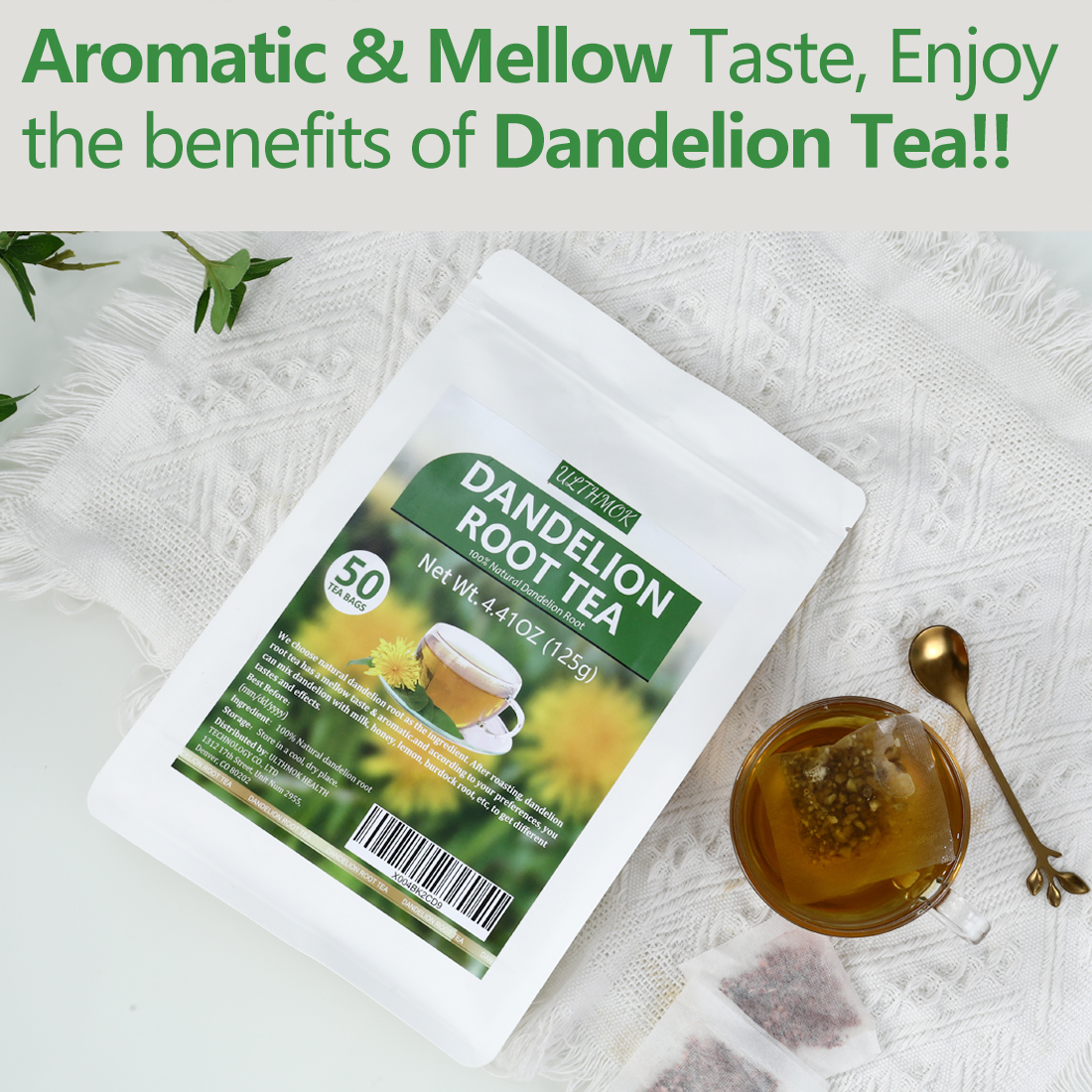 Premium Dandelion Root Tea,50 Tea Bags 4.4Oz/125g, for Liver & Kidney Health, Roasted Detox Herbal Tea. Support Digestion & Boost Immune System, Caffeine Free.