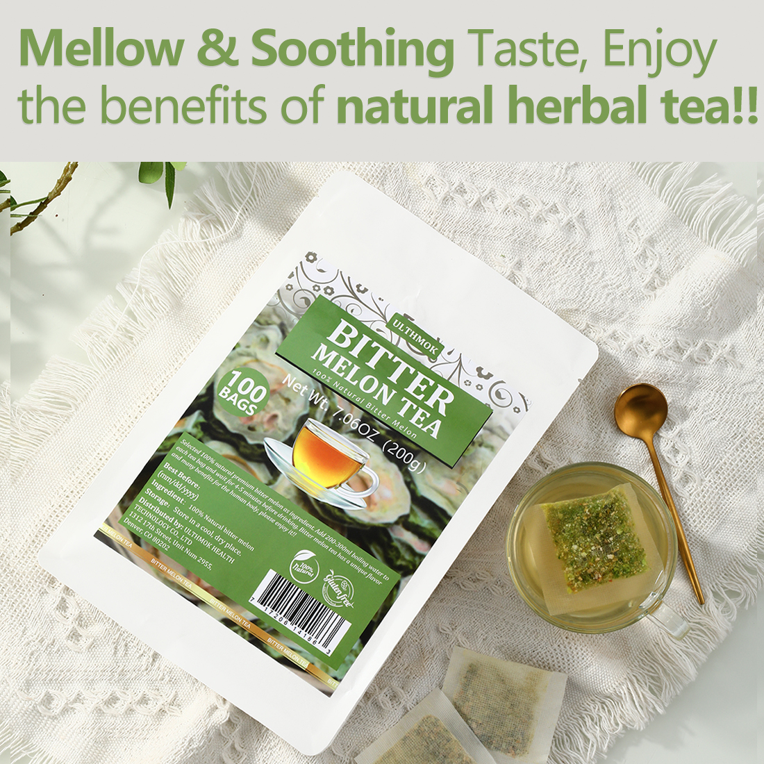 Premium 100 Bitter Melon Tea Bags, Made with 100% Pure Natural Bitter Melon, No Additives & Caffeine Free & No Sugar Added.