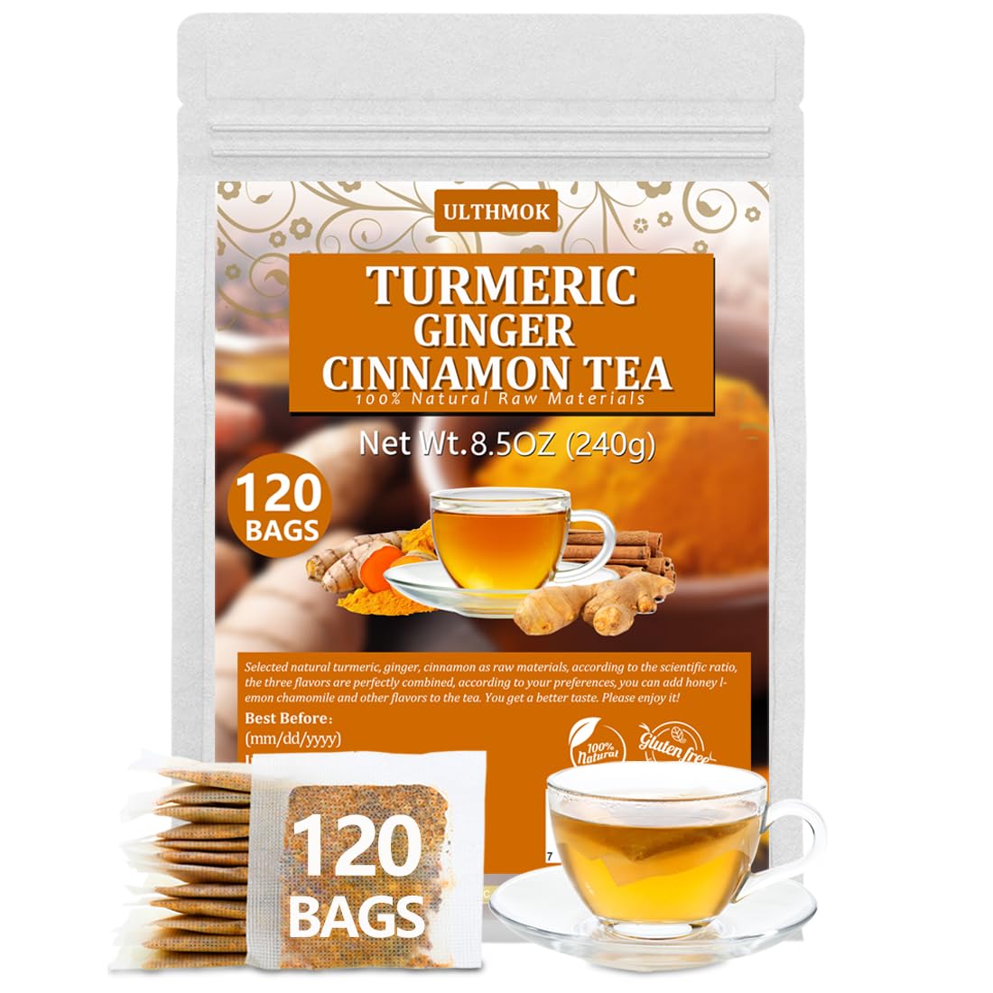 120 Premium Turmeric, Ginger, Cinnamon Blend Tea Bags, 100% Natural & No Additives & Caffeine Free.-Ultra Herb Tea