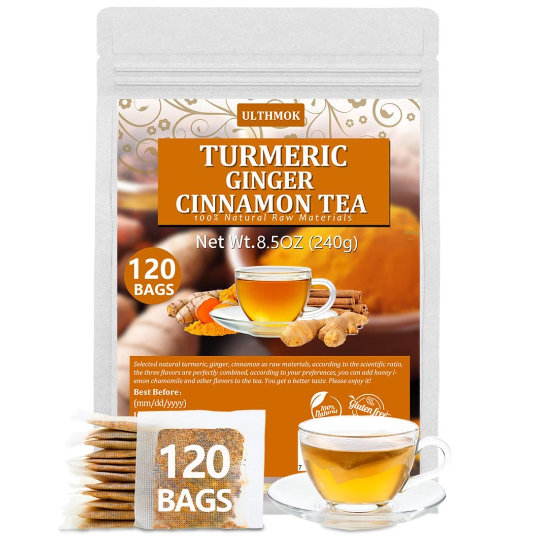 120 Premium Turmeric, Ginger, Cinnamon Blend Tea Bags, 100% Natural & No Additives & Caffeine Free.-Ultra Herb Tea