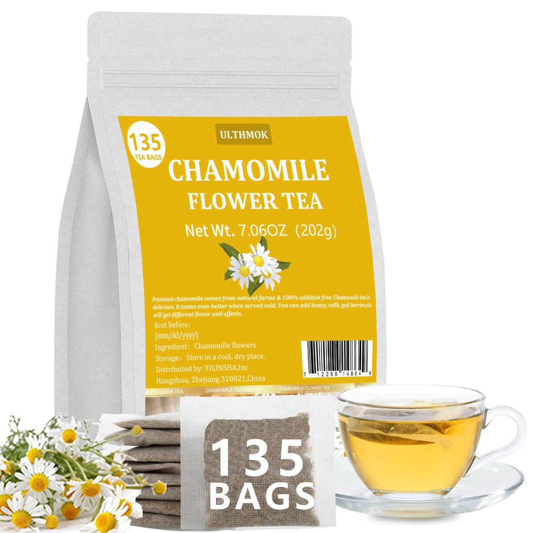 135 Premium Chamomile Tea Bags, Made with 100% Pure Natural Chamomile Flower, Caffeine Free & Non-GMO.-Ultra Herb Tea
