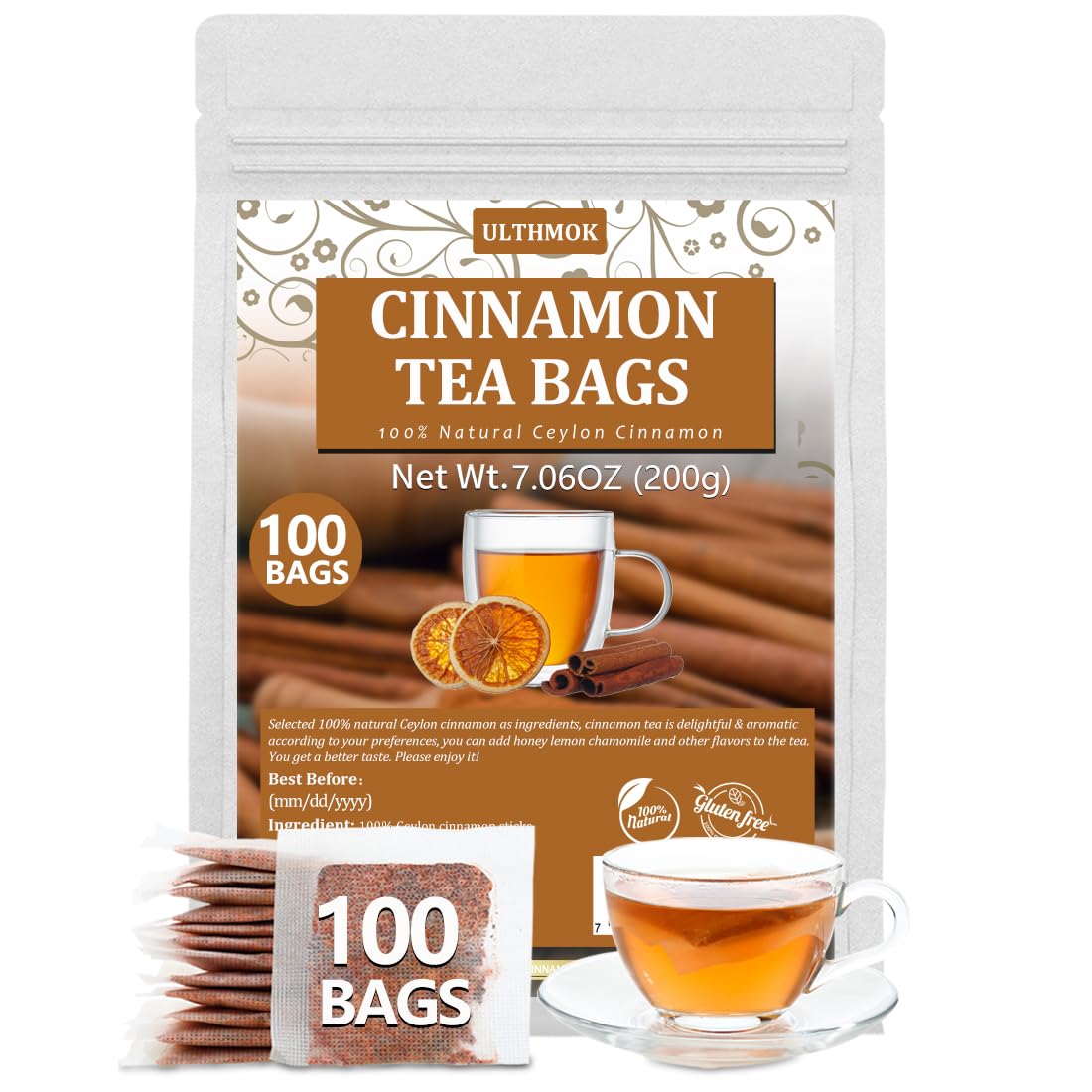 Premium 100 Ceylon Cinnamon Tea Bags, Made with 100% Ceylon Cinnamon Sticks, No Additives & Caffeine Free.-Ultra Herb Tea