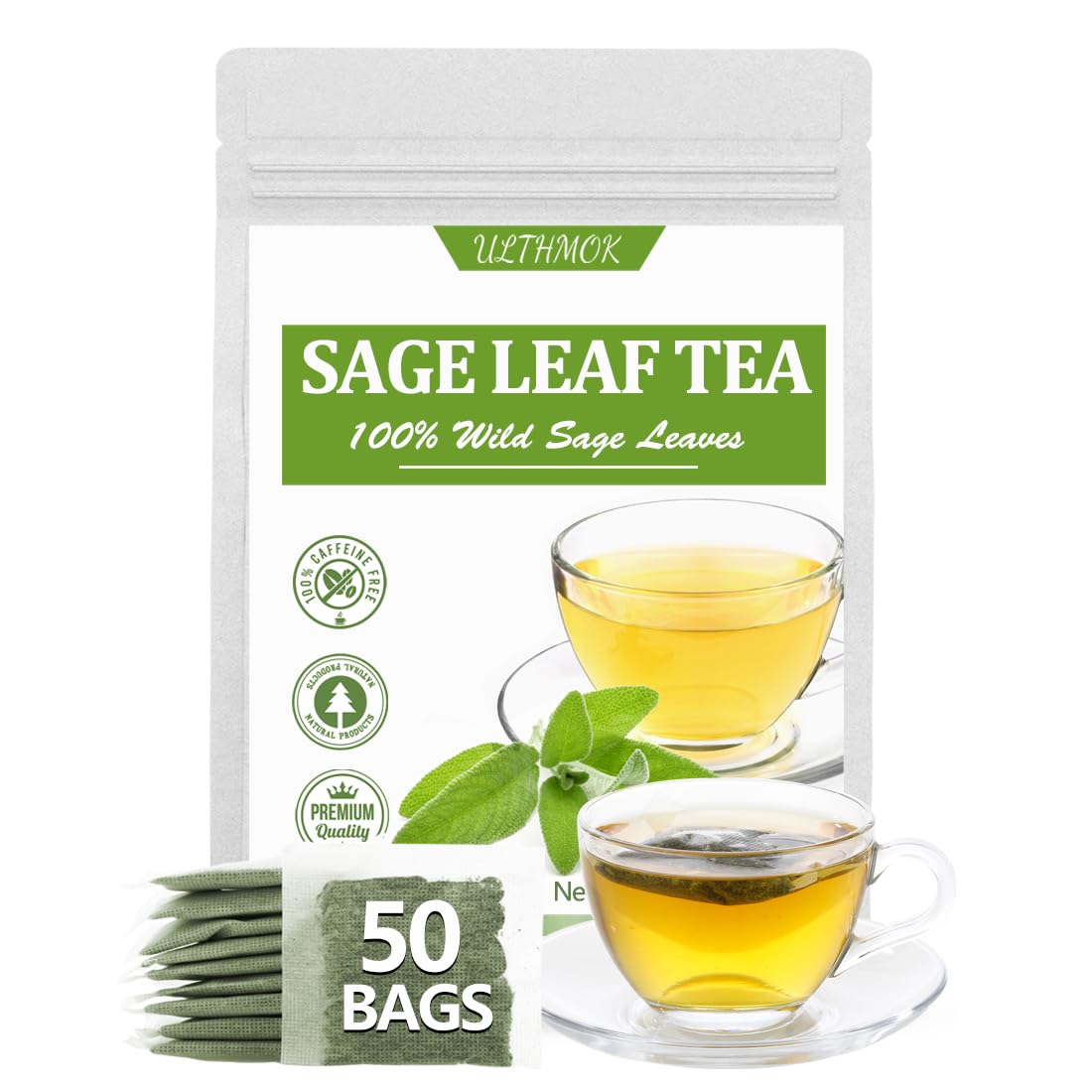 Premium 50 Sage Tea Bags, Made with 100% Natural Sage Leaves, No Additives & Caffeine Free.-Ultra Herb Tea