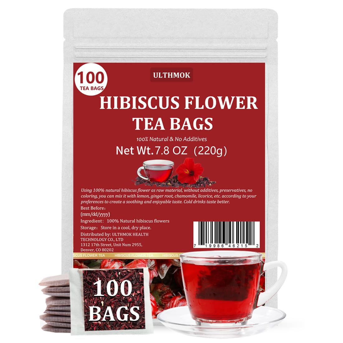 Premium Hibiscus Tea Bags,100 Tea Bags/7.06 Oz,100% Pure Dried Hibiscus Flower,Natural & No Additives,Caffeine Free.-Ultra Herb Tea