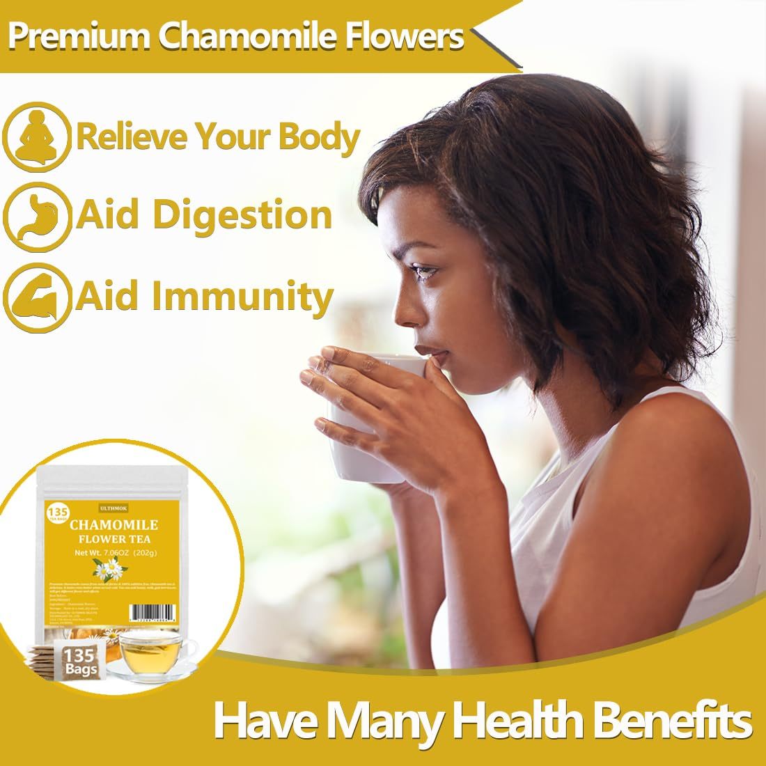 135 Premium Chamomile Tea Bags, Made with 100% Pure Natural Chamomile Flower, Caffeine Free & Non-GMO.-Ultra Herb Tea