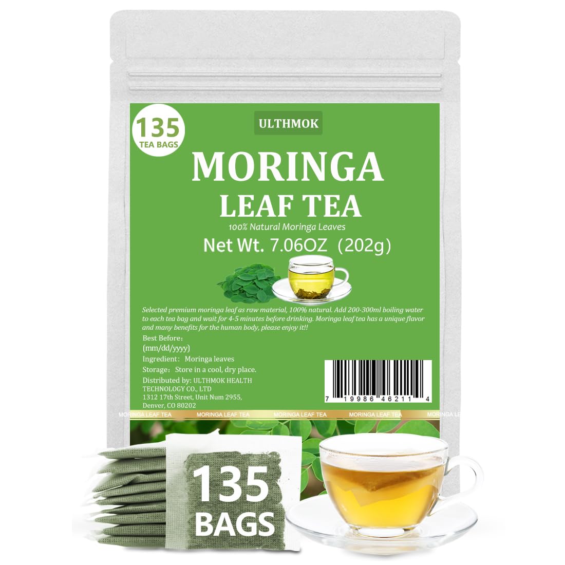 Premium Moringa Tea,135 Tea Bags/7.15OZ,100% Pure Moringa Leaves,Natural & No Additives.-Ultra Herb Tea