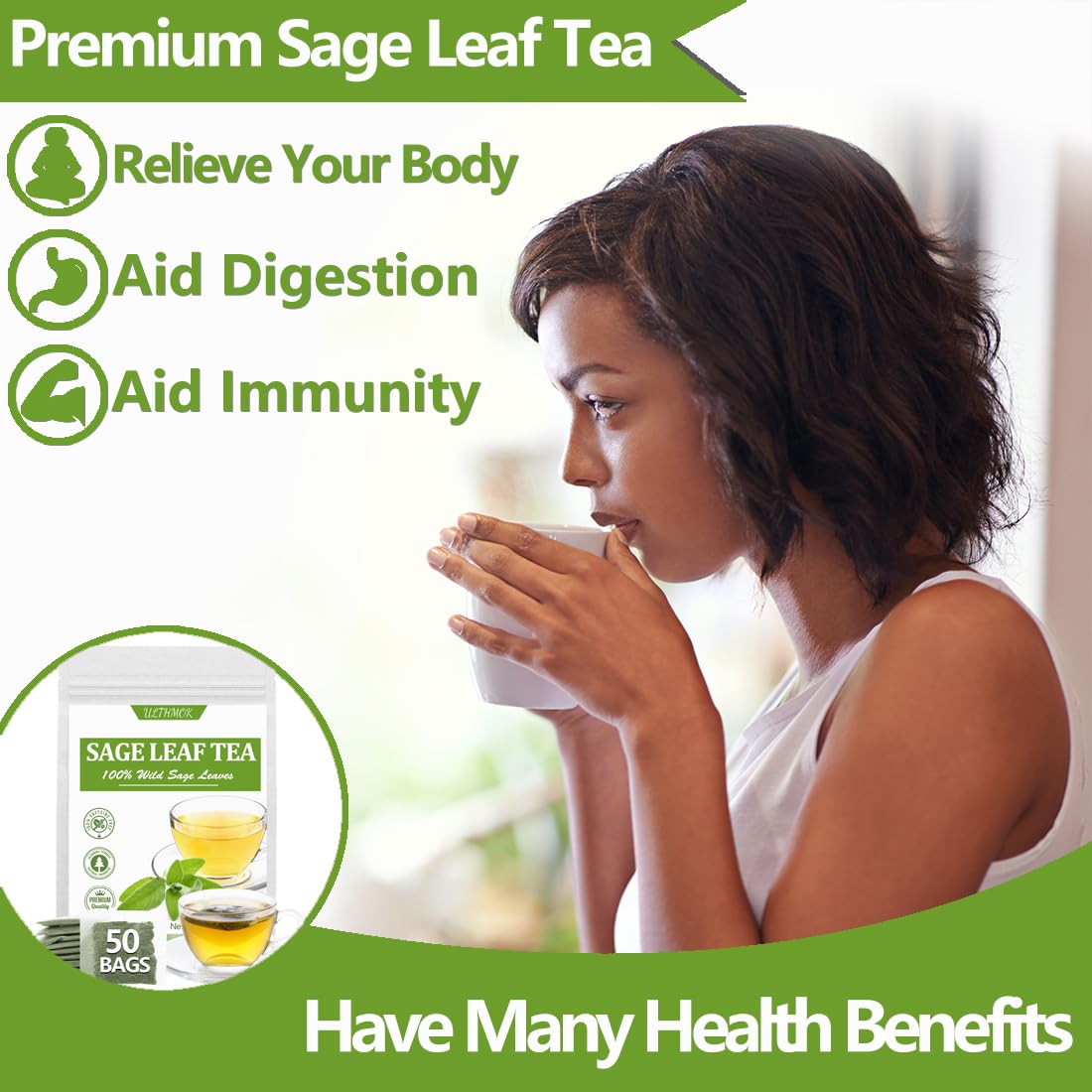 Premium 50 Sage Tea Bags, Made with 100% Natural Sage Leaves, No Additives & Caffeine Free.-Ultra Herb Tea