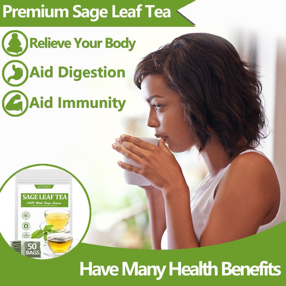 Premium 50 Sage Tea Bags, Made with 100% Natural Sage Leaves, No Additives & Caffeine Free.-Ultra Herb Tea