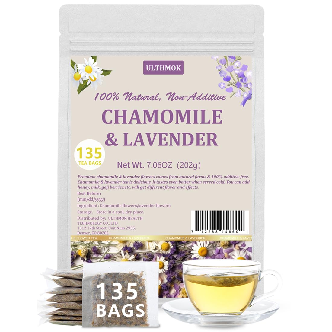 135 Premium Chamomile & Lavender Tea Bags,Relief & Caffeine Free & 100% Natural.-Ultra Herb Tea