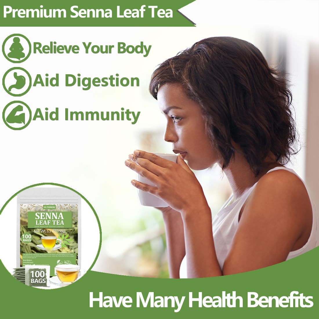 Premium 100 Senna Tea Bags, Made with 100% Natural Senna Leaves, No Additives & Caffeine Free.-Ultra Herb Tea