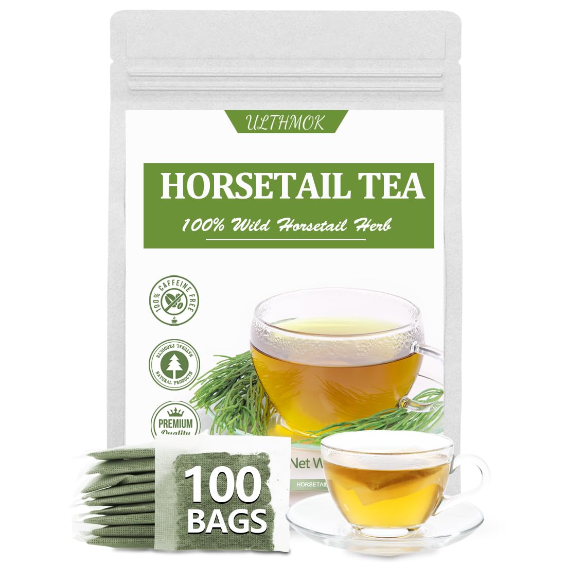 Premium 100 Horsetail Tea Bags, Made with 100% Wild Natural Horse Tail Herb, For Hair & Nail, No Additives & Caffeine Free-Cola De Caballo Hierba. -Ultra Herb Tea