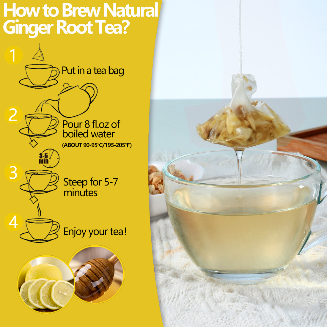 60 Premium Ginger Tea Bags, Made with 100% Natural Ginger Root, Warm & Spicy, Support Digestion & Boost Immunity, No Additives & Caffeine Free.