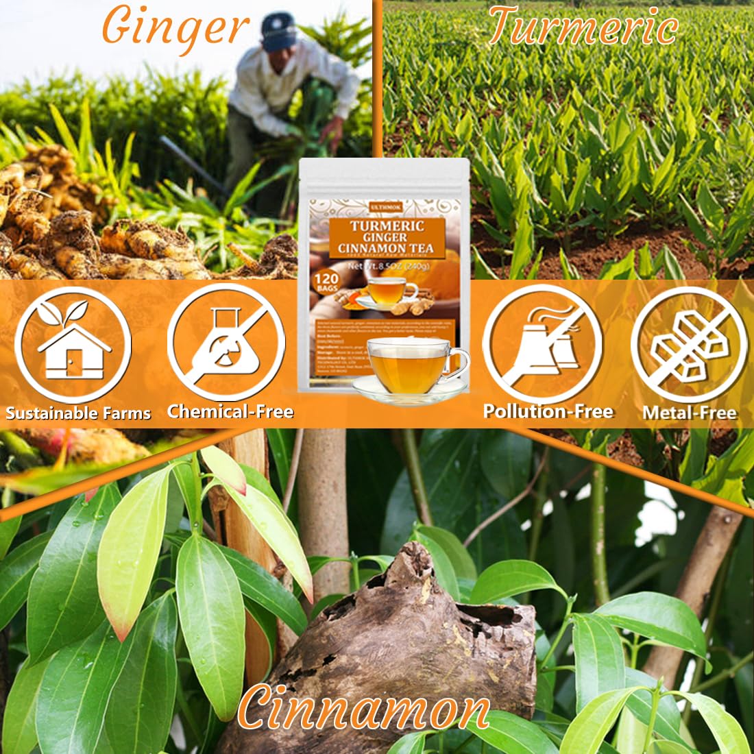 120 Premium Turmeric, Ginger, Cinnamon Blend Tea Bags, 100% Natural & No Additives & Caffeine Free.-Ultra Herb Tea