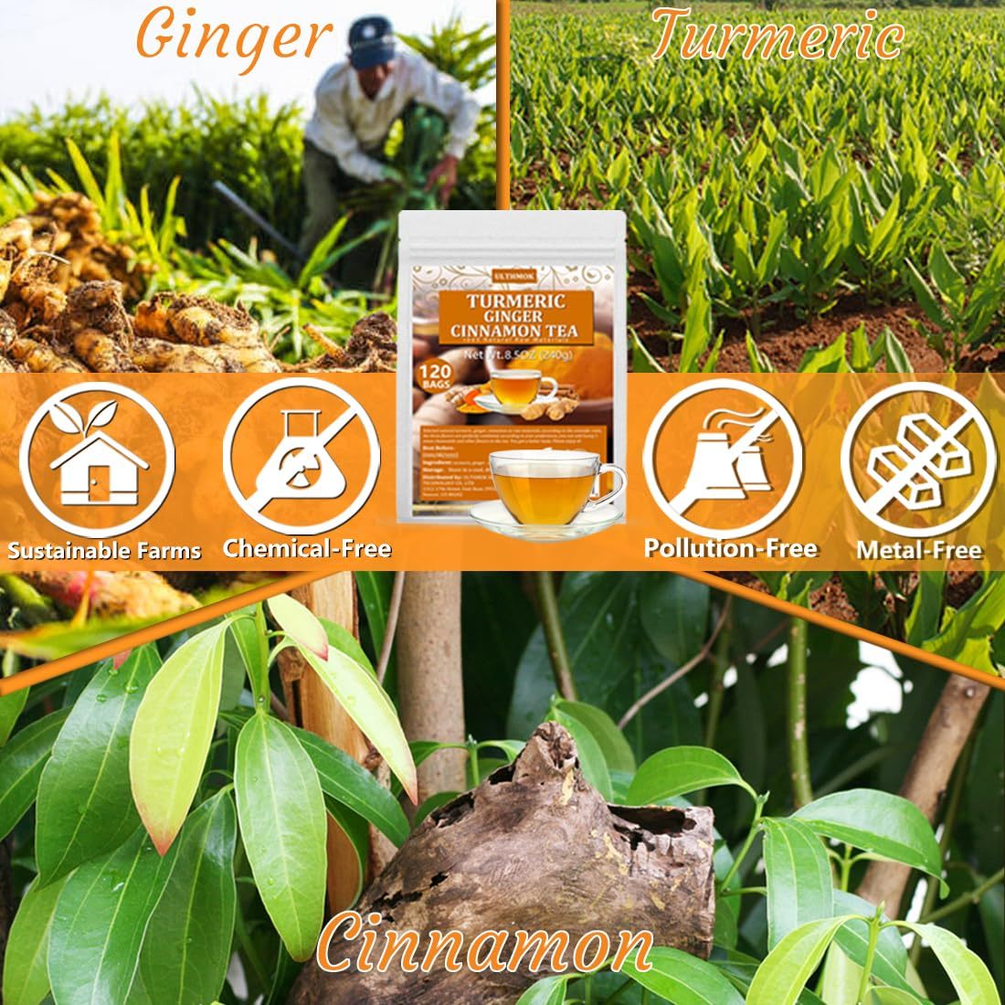 120 Premium Turmeric, Ginger, Cinnamon Blend Tea Bags, 100% Natural & No Additives & Caffeine Free.-Ultra Herb Tea