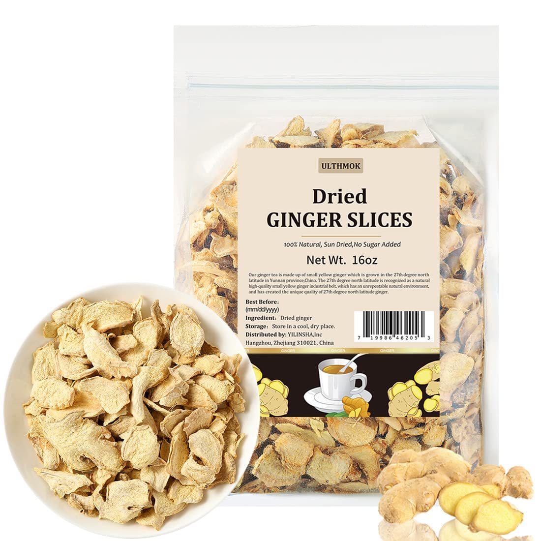 Premium Ginger Root 1Lb/453g,No Sugar Added.Featured Dried Ginger Root Slices,Cut and Sifted 100% Natural & No Additives.-Ultra Herb Tea