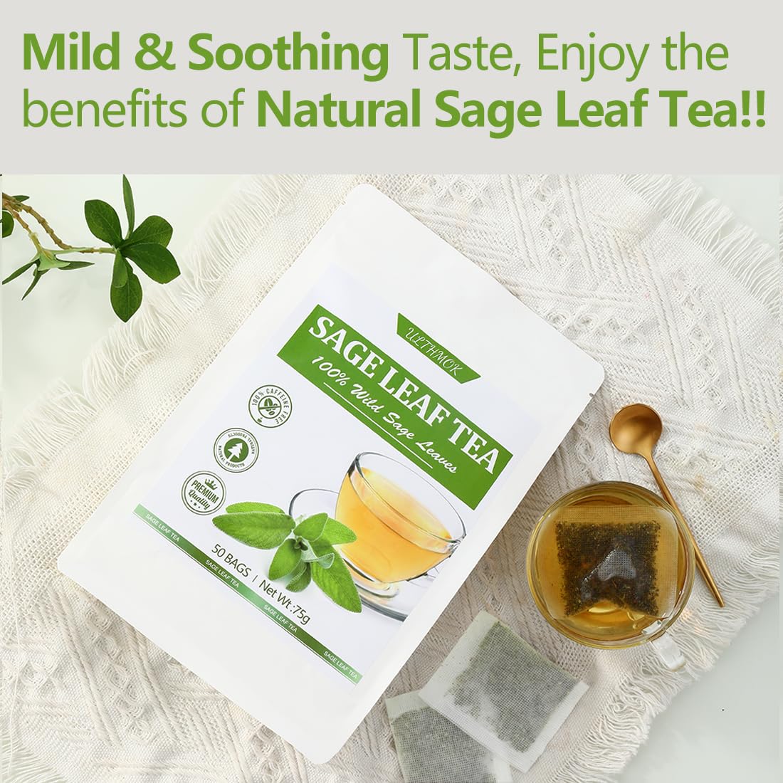 Premium 50 Sage Tea Bags, Made with 100% Natural Sage Leaves, No Additives & Caffeine Free.-Ultra Herb Tea