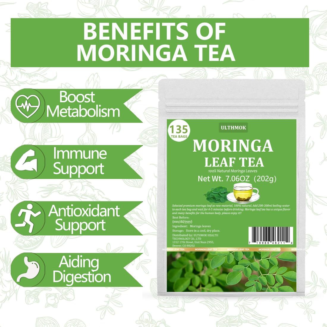 Premium Moringa Tea,135 Tea Bags/7.15OZ,100% Pure Moringa Leaves,Natural & No Additives.-Ultra Herb Tea