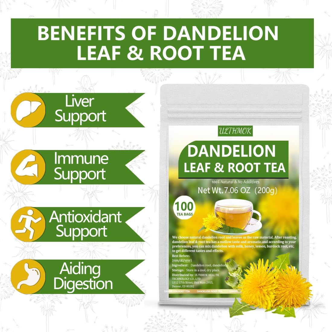 Premium Dandelion Leaf & Root Tea,100 Tea Bags/7.06Oz,for Liver Detox,100% Natural & No Additives.-Ultra Herb Tea