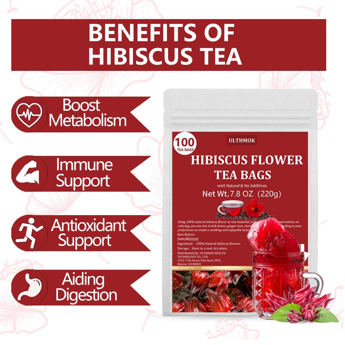 Premium Hibiscus Tea Bags,100 Tea Bags/7.06 Oz,100% Pure Dried Hibiscus Flower,Natural & No Additives,Caffeine Free.-Ultra Herb Tea