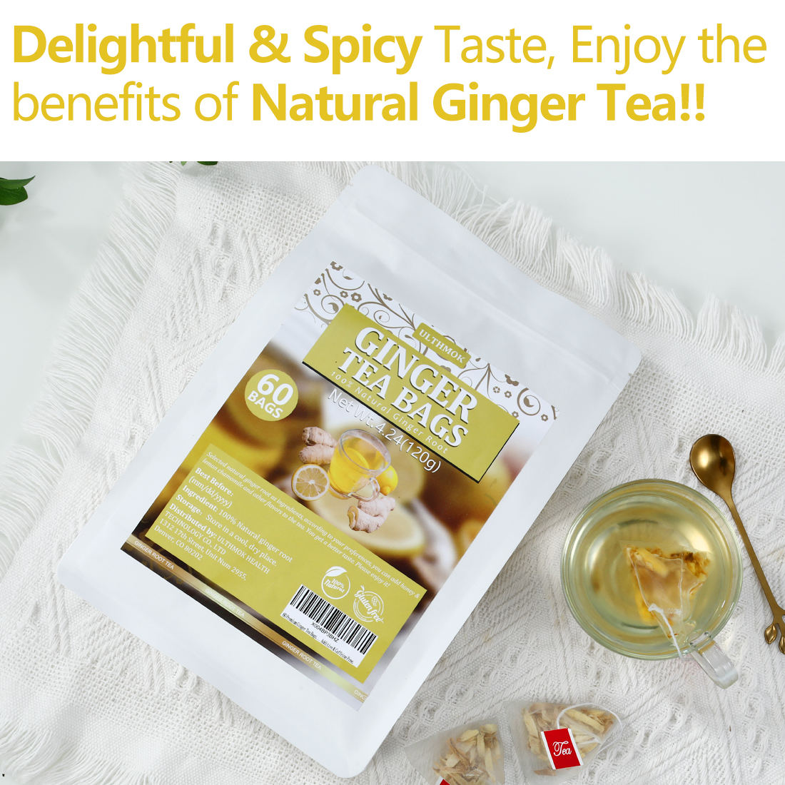 60 Premium Ginger Tea Bags, Made with 100% Natural Ginger Root, Warm & Spicy, Support Digestion & Boost Immunity, No Additives & Caffeine Free.