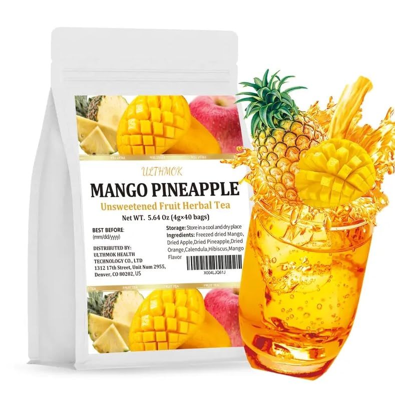Premium 40 Mango Pineapple Fruit Tea Bags, Made with 100% Natura Fruit & Herbs, No Additives & Caffeine Free & No Sugar Added.