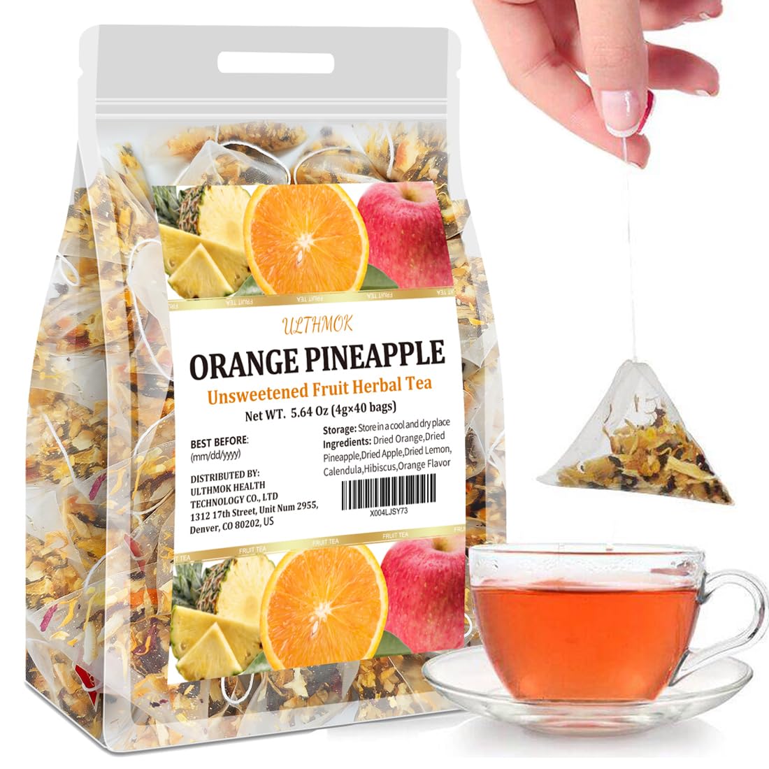 Premium 50 Orange Pineapple Fruit Tea Bags, Made with 100% Natura Fruit & Herbs, No Additives & Caffeine Free & No Sugar Added.