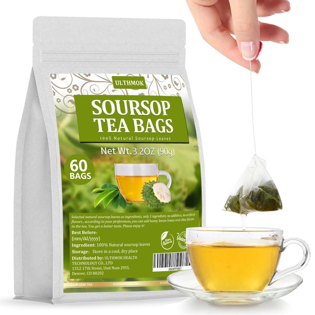 Premium 60 Soursop Tea Bags, Made with 100% Natural Graviola Leaves, Hoja Guanabana Tea, No Additives & Caffeine Free.