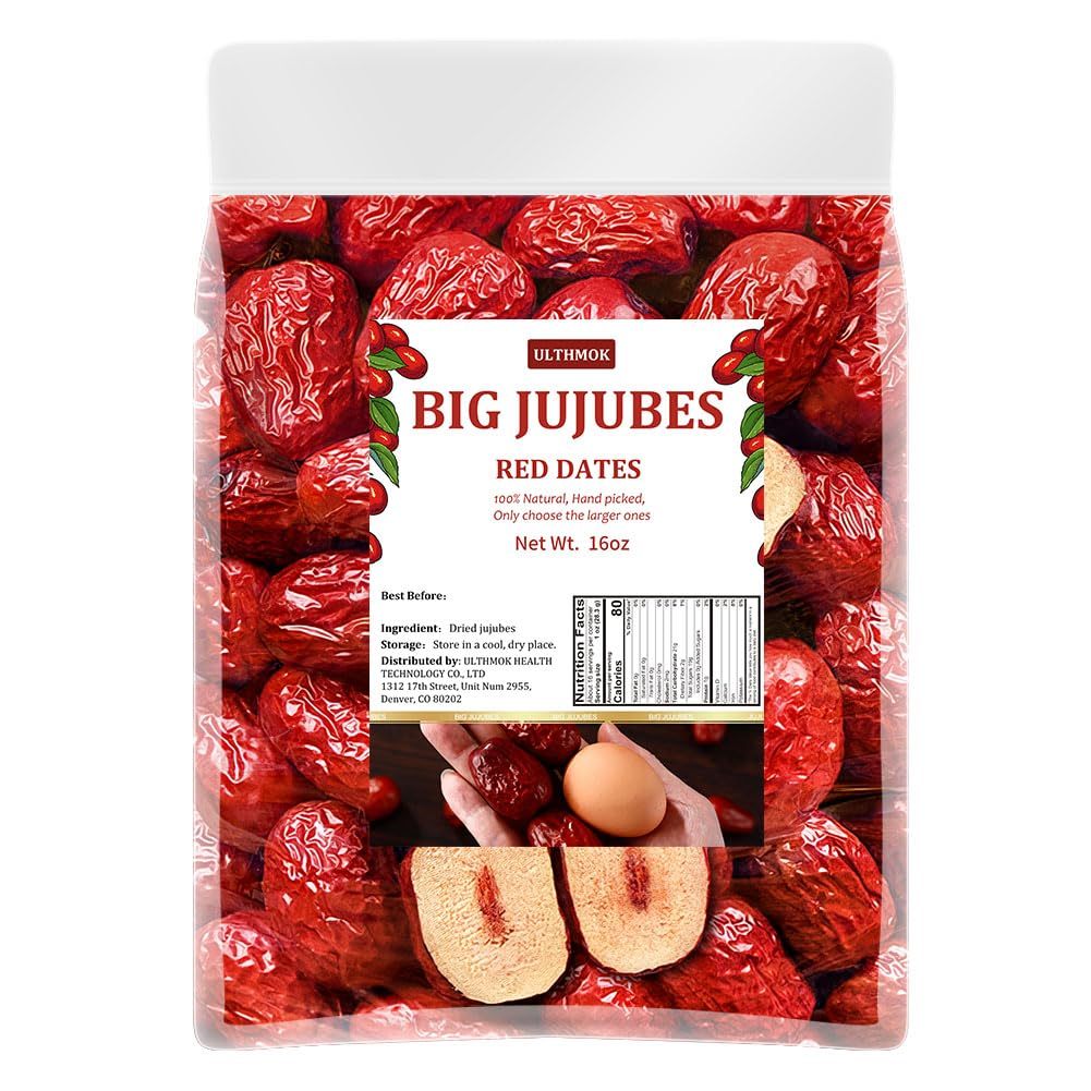 Premium Big Jujube Red Dates 1LB (453g), Seleted Dried Fruit, Big & Delicious, 100% Natural 红枣.