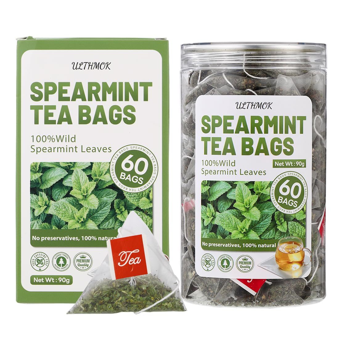 Premium 60 Spearmint Tea Bags, 3.2oz, Made with 100% Pure Wild Spearmint Leaves, No Additive Mint Tea & Caffeine Free.