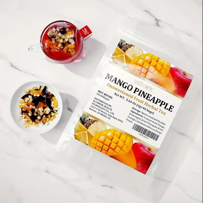 Premium 40 Mango Pineapple Fruit Tea Bags, Made with 100% Natura Fruit & Herbs, No Additives & Caffeine Free & No Sugar Added.
