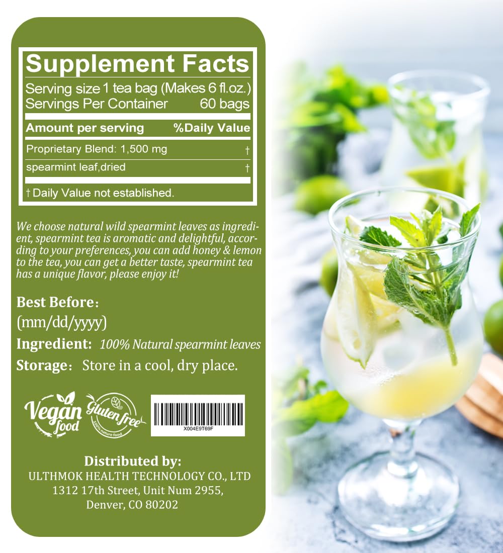 Premium 60 Spearmint Tea Bags, 3.2oz, Made with 100% Pure Wild Spearmint Leaves, No Additive Mint Tea & Caffeine Free.