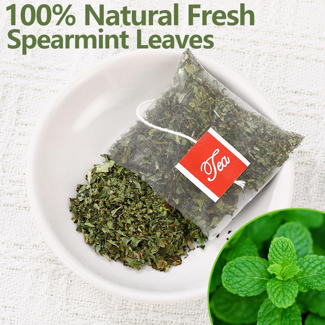 Premium 60 Spearmint Tea Bags, 3.2oz, Made with 100% Pure Wild Spearmint Leaves, No Additive Mint Tea & Caffeine Free.