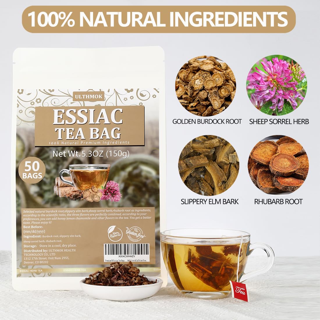 Premium 50 Essiac Tea Bags, Wellness Blend Tea, made with 100% Natural Ingredients, No Additives & Caffeine Free.