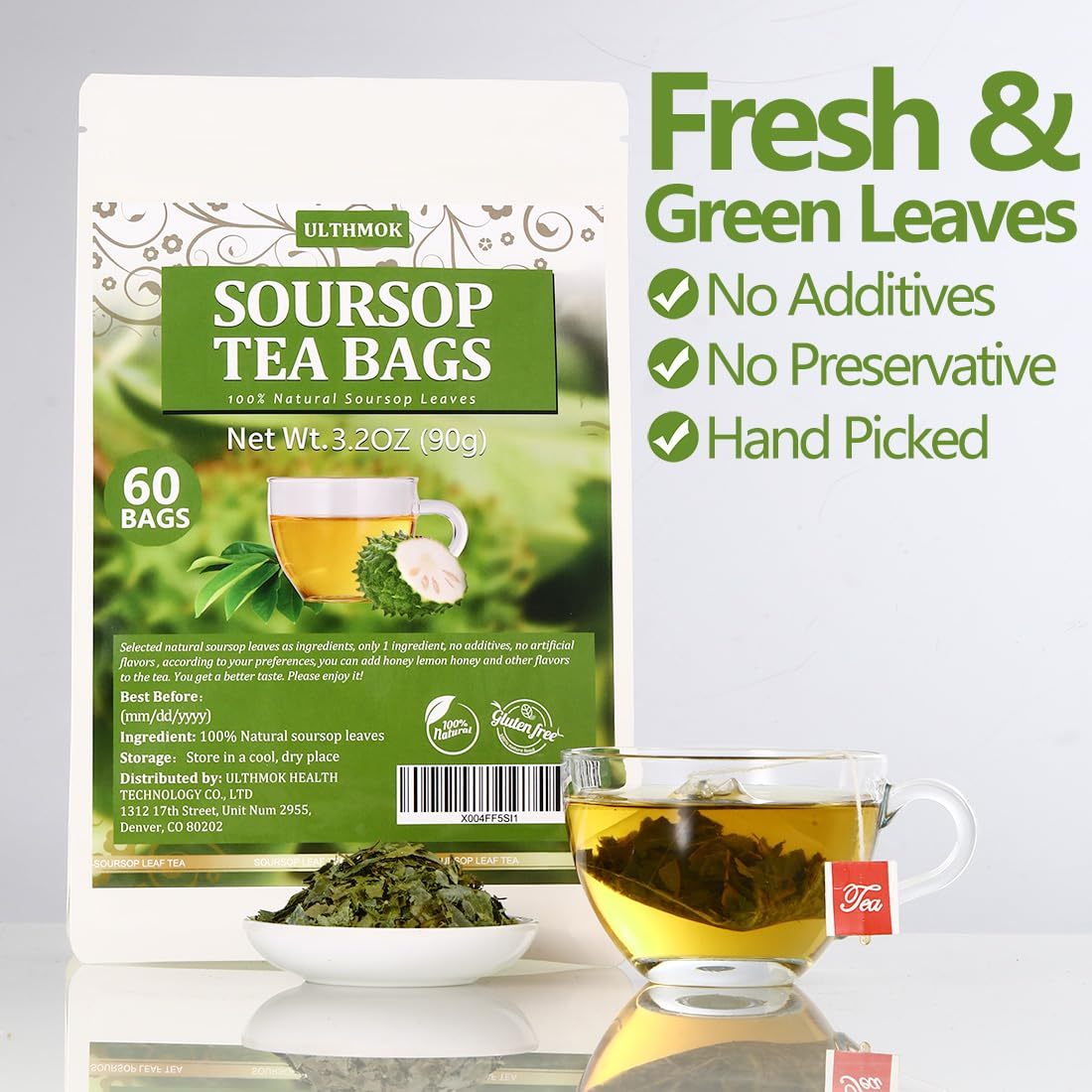 Premium 60 Soursop Tea Bags, Made with 100% Natural Graviola Leaves, Hoja Guanabana Tea, No Additives & Caffeine Free.