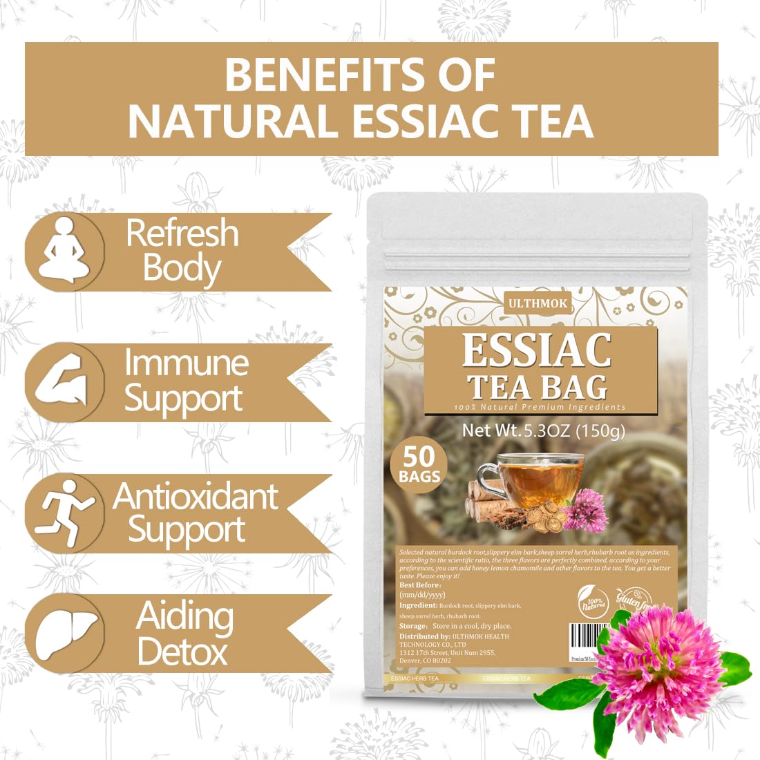 Premium 50 Essiac Tea Bags, Wellness Blend Tea, made with 100% Natural Ingredients, No Additives & Caffeine Free.