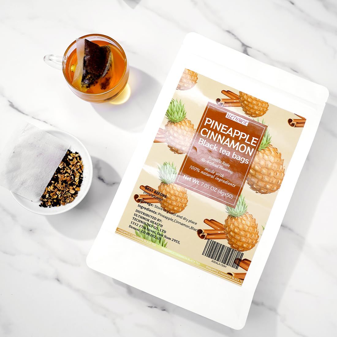 Premium 50 Pineapple Hot Cinnamon Black Fruit Tea Bags, Made with 100% Natural Fruit & Herbs, No Additives & Caffeine Free.
