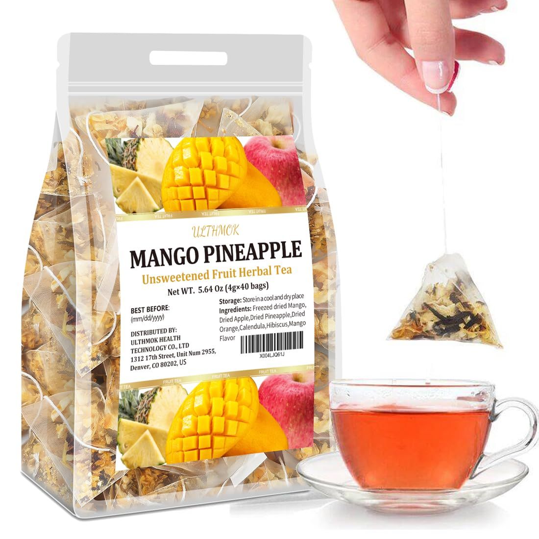 Premium 40 Mango Pineapple Fruit Tea Bags, Made with 100% Natura Fruit & Herbs, No Additives & Caffeine Free & No Sugar Added.