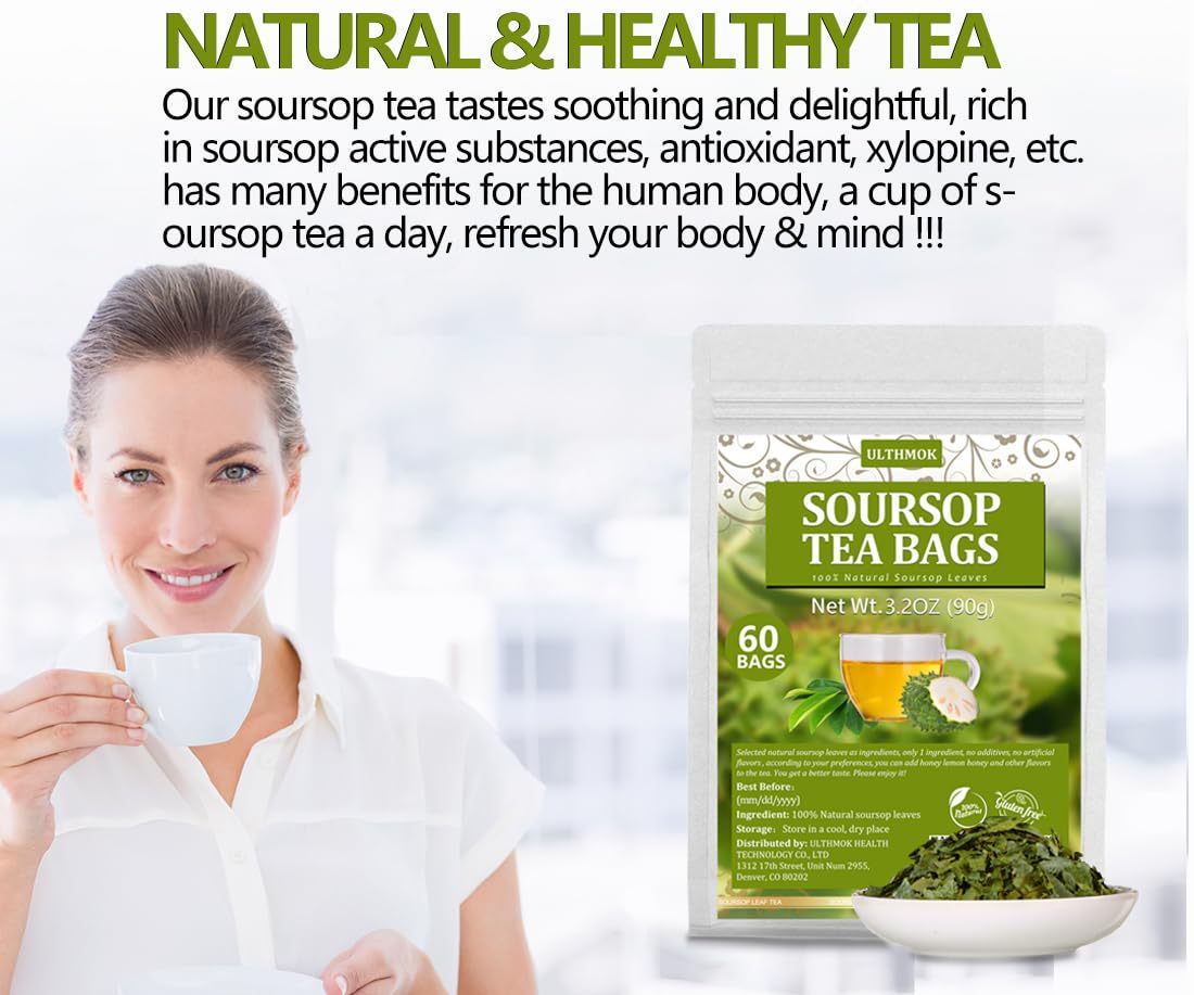 Premium 60 Soursop Tea Bags, Made with 100% Natural Graviola Leaves, Hoja Guanabana Tea, No Additives & Caffeine Free.