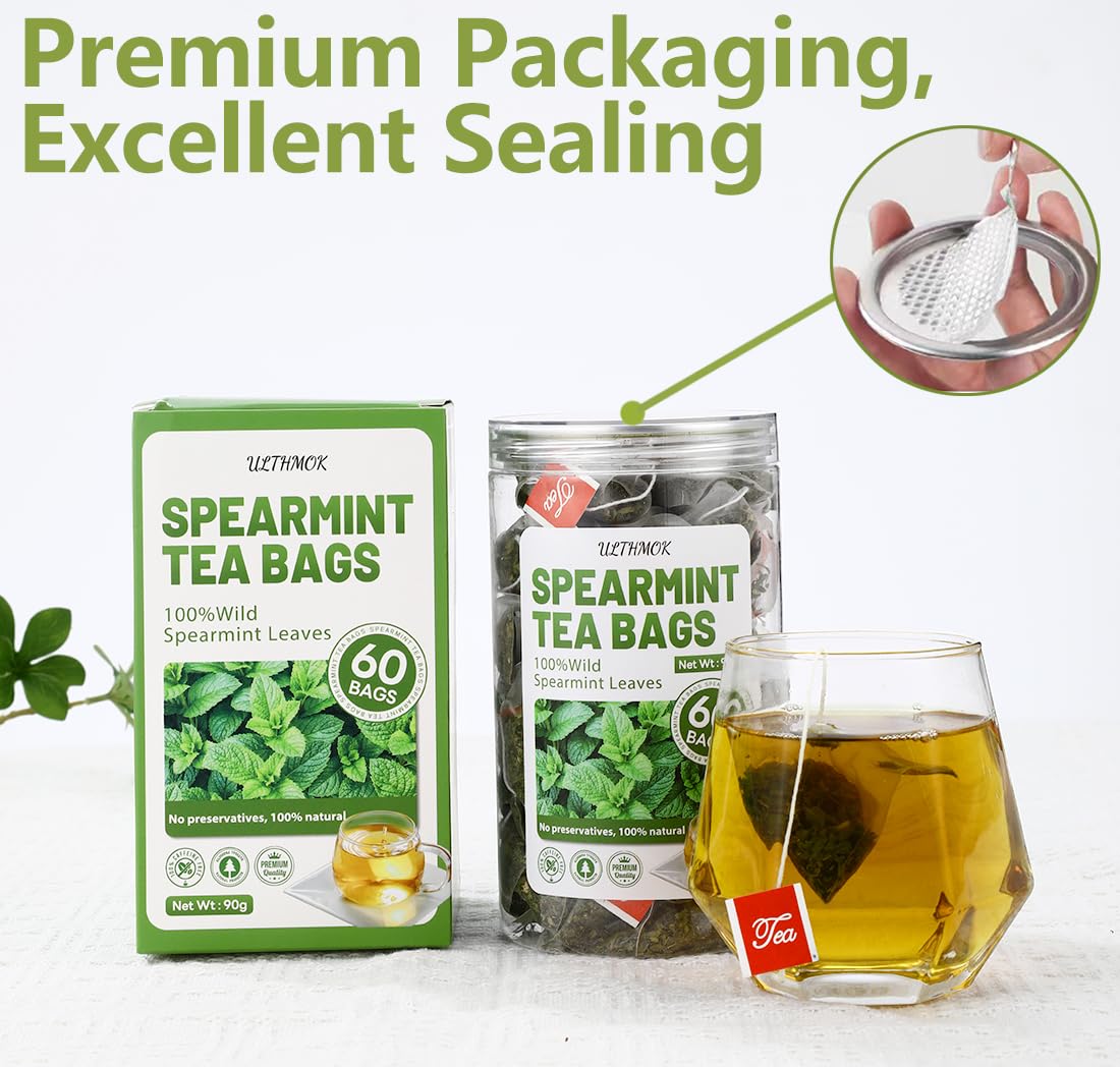 Premium 60 Spearmint Tea Bags, 3.2oz, Made with 100% Pure Wild Spearmint Leaves, No Additive Mint Tea & Caffeine Free.