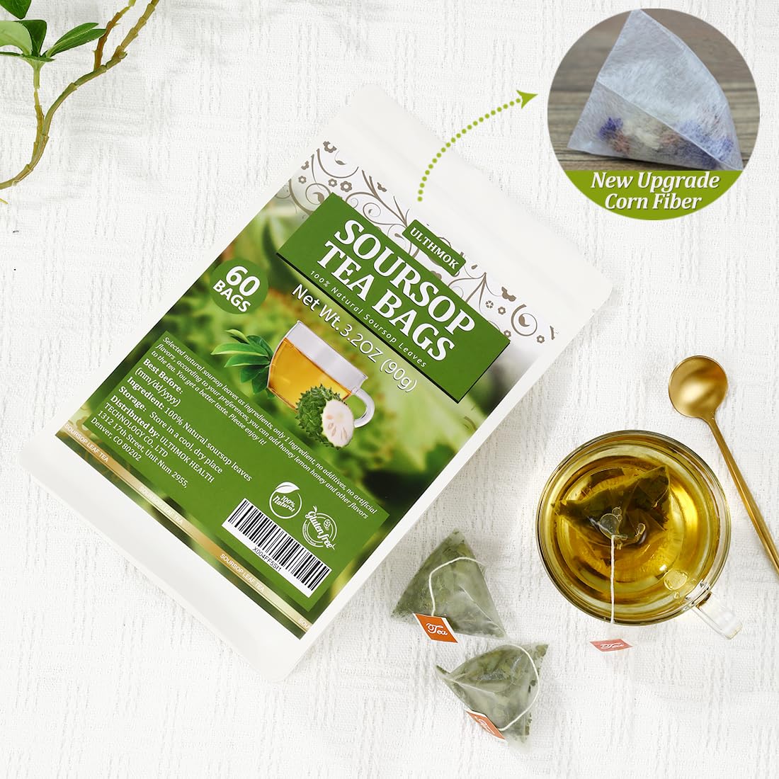 Premium 60 Soursop Tea Bags, Made with 100% Natural Graviola Leaves, Hoja Guanabana Tea, No Additives & Caffeine Free.