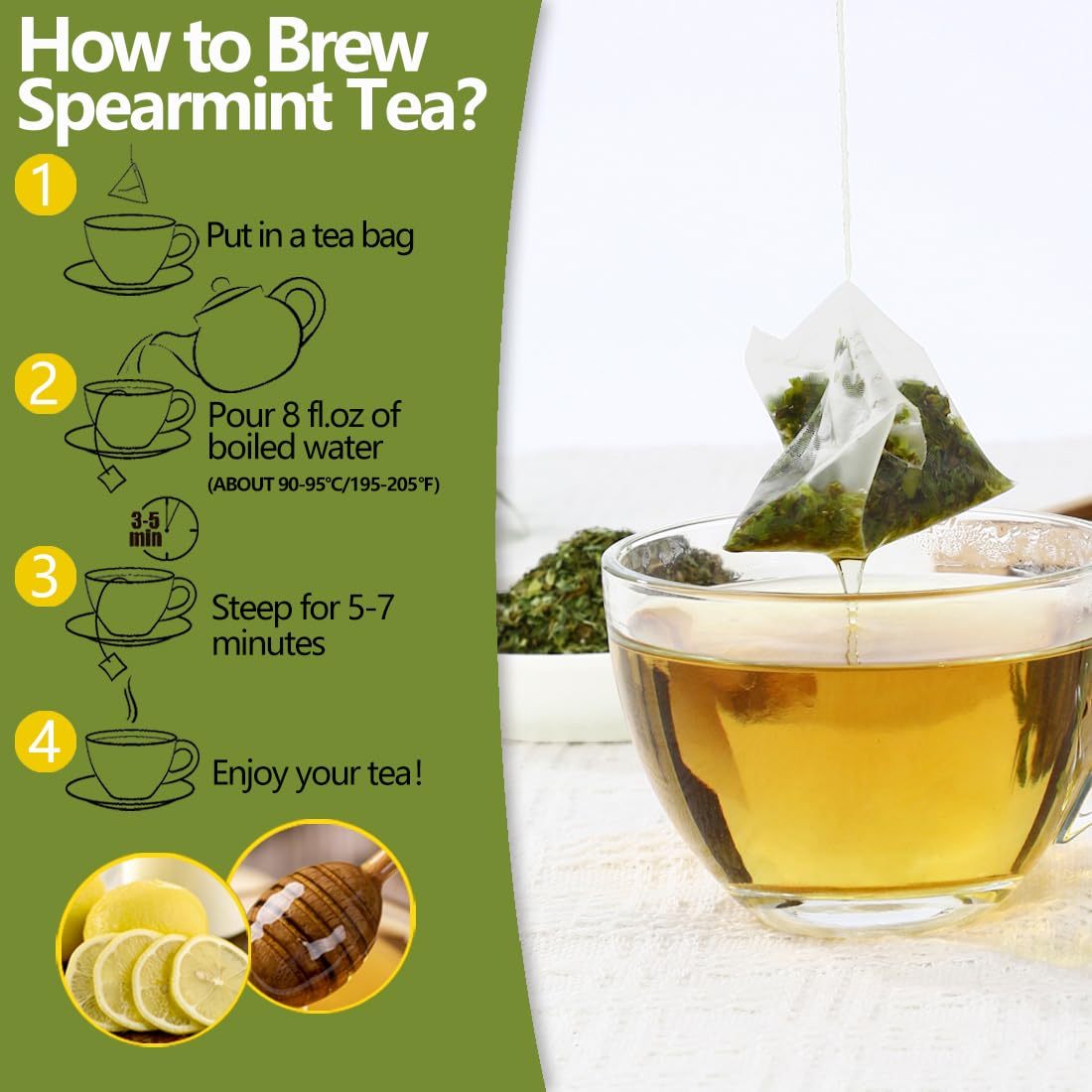 Premium 60 Spearmint Tea Bags, 3.2oz, Made with 100% Pure Wild Spearmint Leaves, No Additive Mint Tea & Caffeine Free.