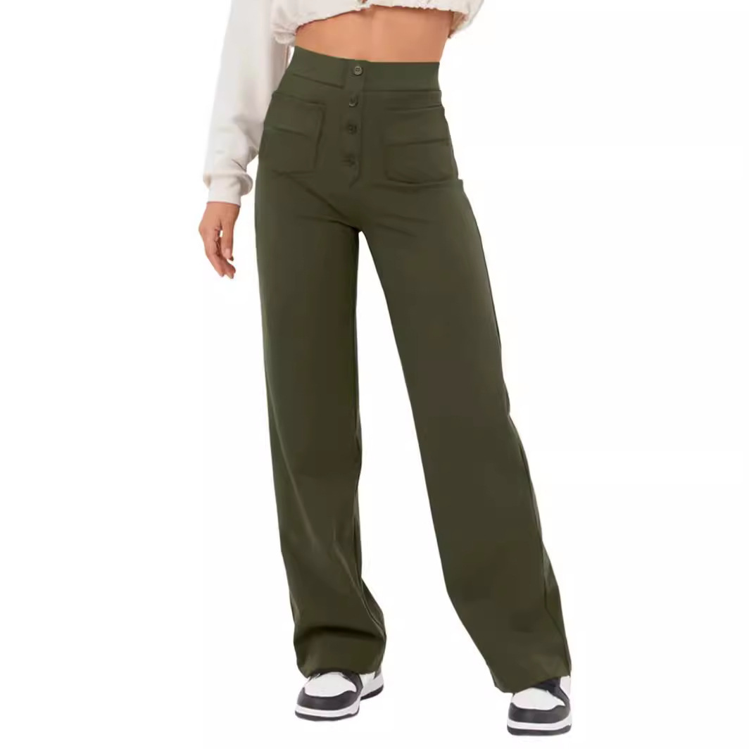 Multi-Pocket High Waisted Stretch Straight Leg Pants