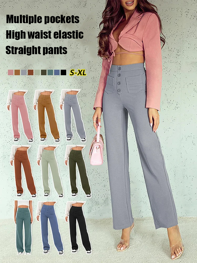 Multi-Pocket High Waisted Stretch Straight Leg Pants