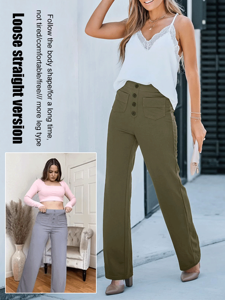 Multi-Pocket High Waisted Stretch Straight Leg Pants