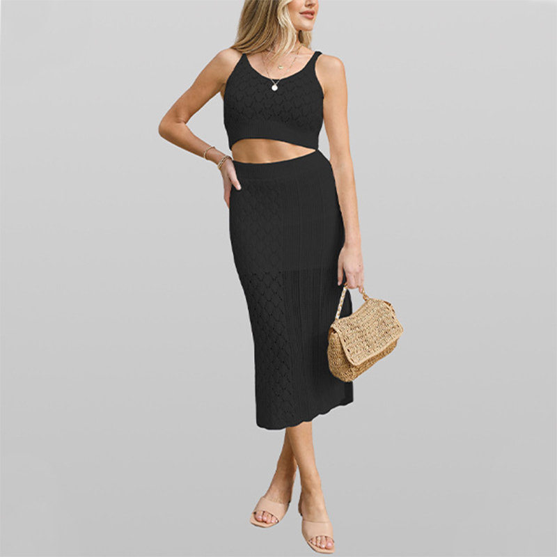 Summer new solid color rhombus striped two-piece sexy vest with slits and long skirt for women