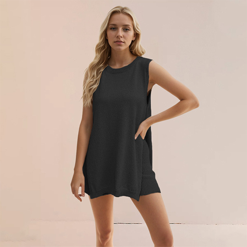 New European and American knitwear loose large size slit sleeveless vest casual suit for women
