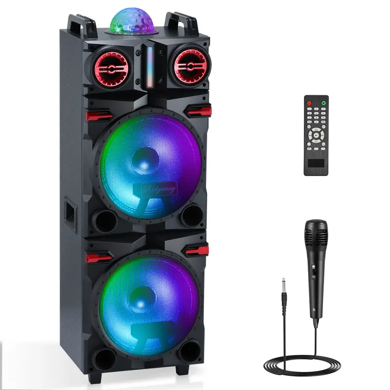 sound wireless portable party speaker with dual 10 inch subwoofer dj sound stereo loud bass karaoke machine with sound reactive party lights usb sd input and telescopic pull rod remote control details 0