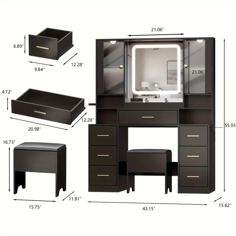 espejo de tocador con luces escritorio con silla y gabinete de vidrio led, tocador con espejo y toma de corriente, tocador con 7 cajones detalles 2